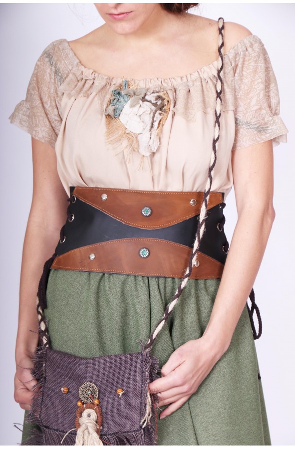 Fajín medieval de cuero marrón y...