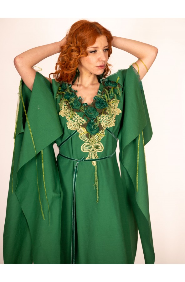 Green and Gold Medieval Floral Dress...