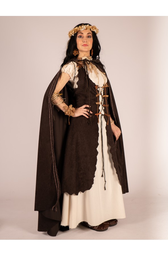 Medieval dress in cream with cords on neckline and sleeves