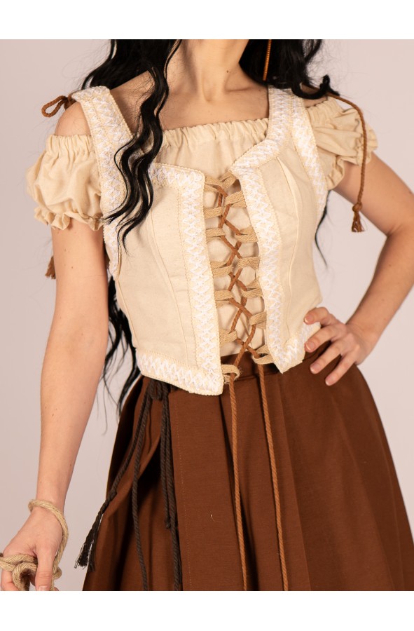 Cream bodice with rustic trim and...