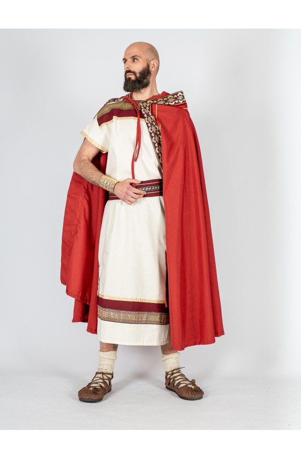 Roman red cloak with hood and ornate...
