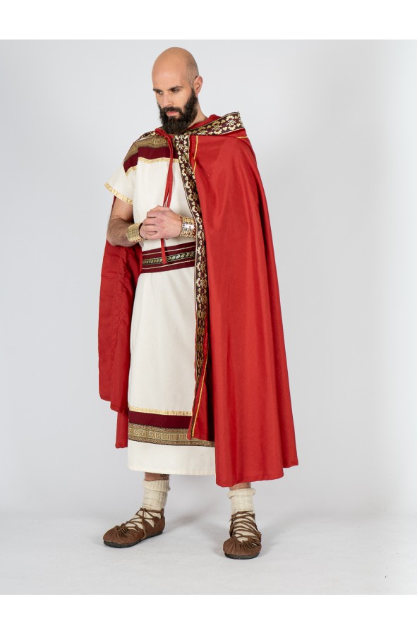 Roman red cloak with hood and ornate...