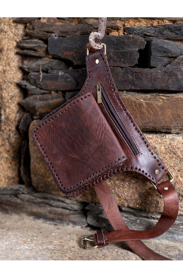 Hand-stitched brown leather waist bag