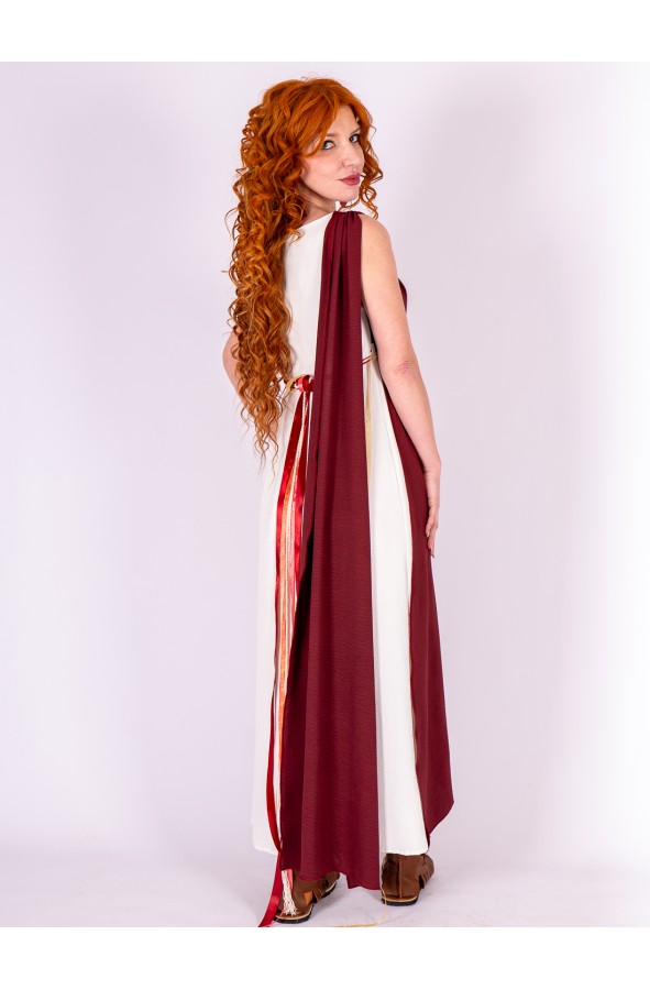Roman dress in white and deep burgundy