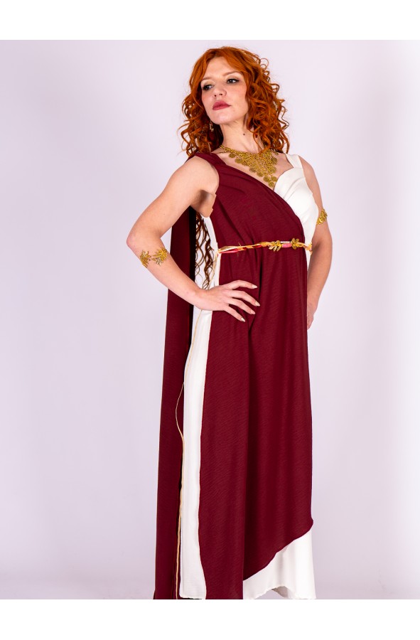 Roman dress in white and deep burgundy