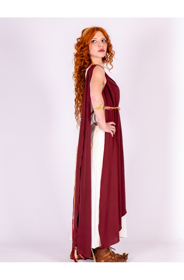 Roman dress in white and deep burgundy