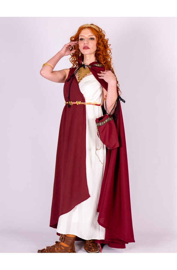 Roman dress in white and deep burgundy