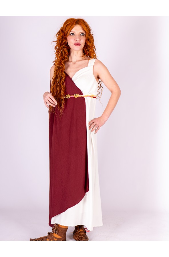 Roman dress in white and deep burgundy